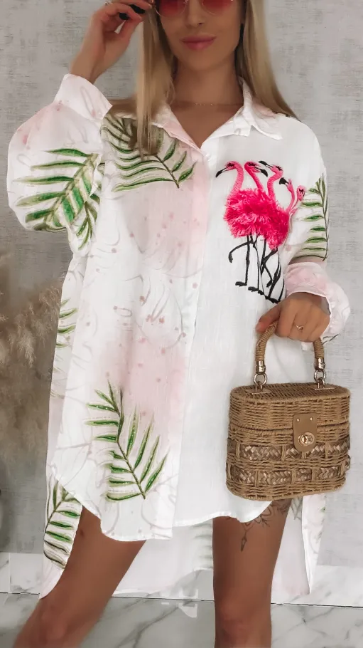 Asymetryczna lniana koszula z flamingami OVERSIZE - R943