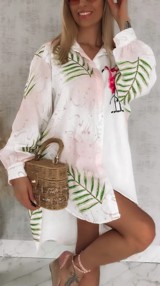 Asymetryczna lniana koszula z flamingami OVERSIZE - R943