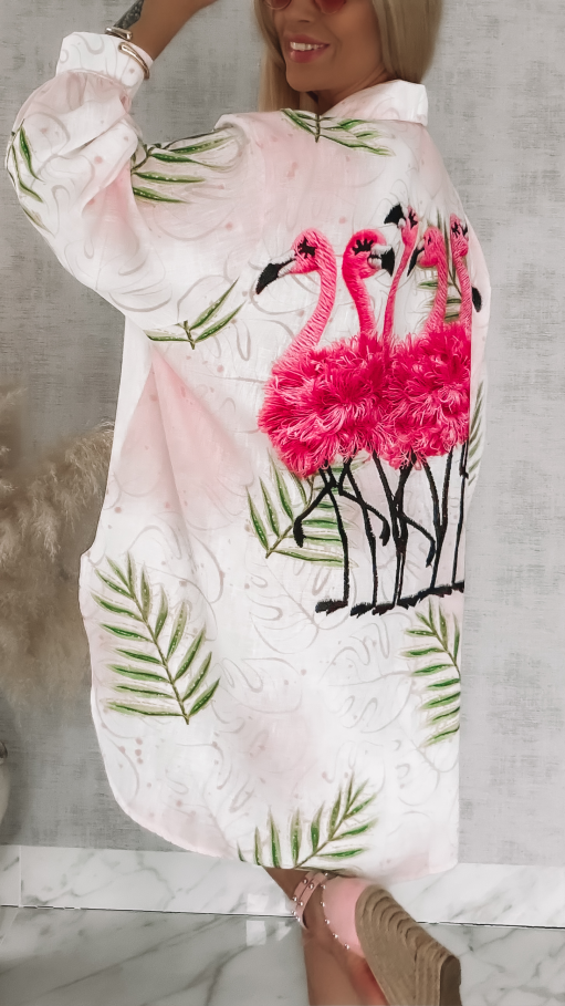 Asymetryczna lniana koszula z flamingami OVERSIZE - R943