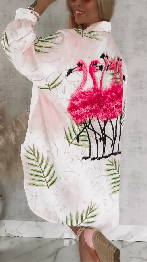 Asymetryczna lniana koszula z flamingami OVERSIZE - R943