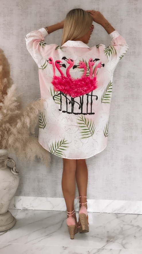 Asymetryczna lniana koszula z flamingami OVERSIZE - R943