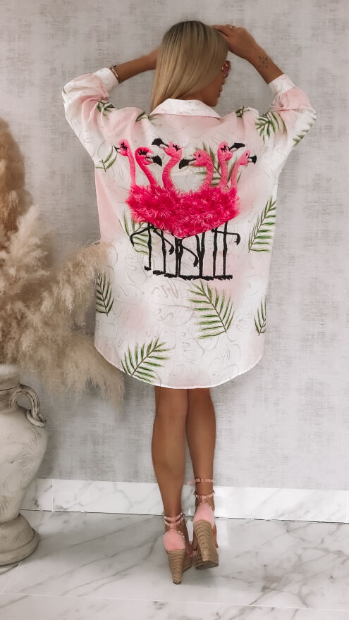 Asymetryczna lniana koszula z flamingami OVERSIZE - R943