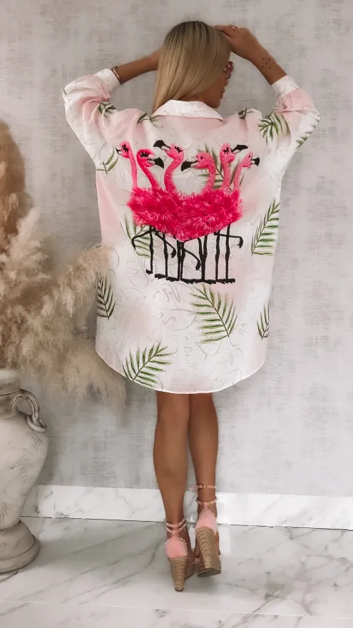 Asymetryczna lniana koszula z flamingami OVERSIZE - R943