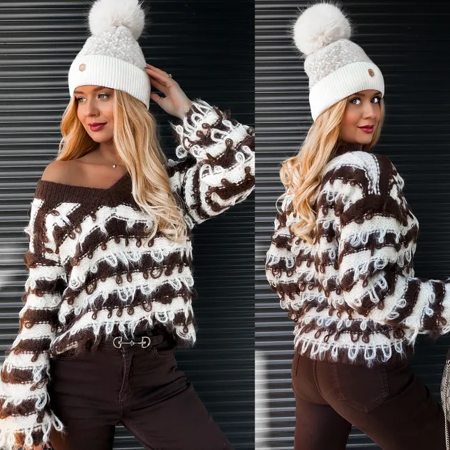 Jesienny sweter w paski w drapanym stylu ONE SIZE - R265
