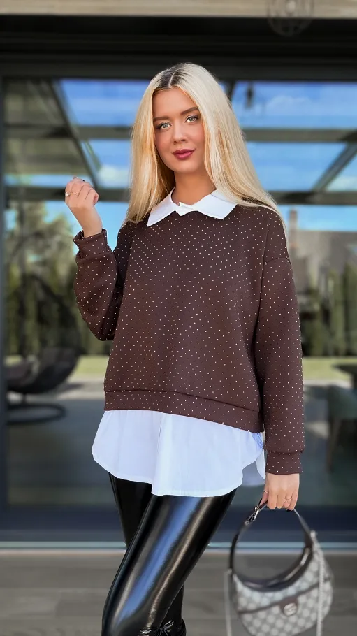 Brązowa bluza w mini cyrkonie z koszulową wstawką ONE SIZE - R105B