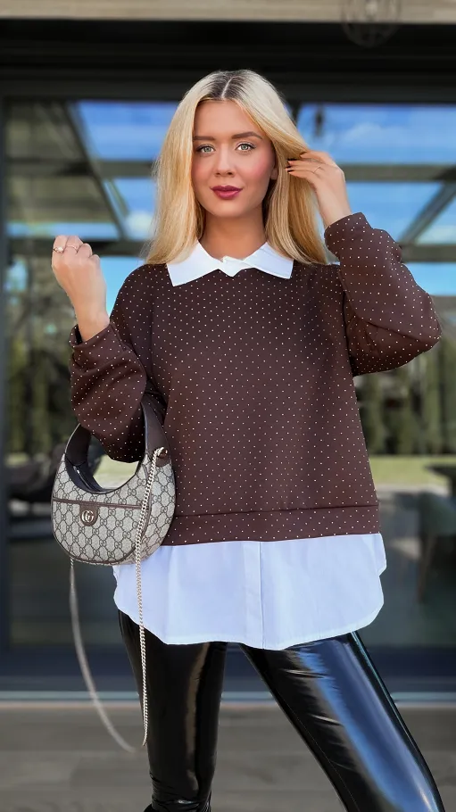 Brązowa bluza w mini cyrkonie z koszulową wstawką ONE SIZE - R105B