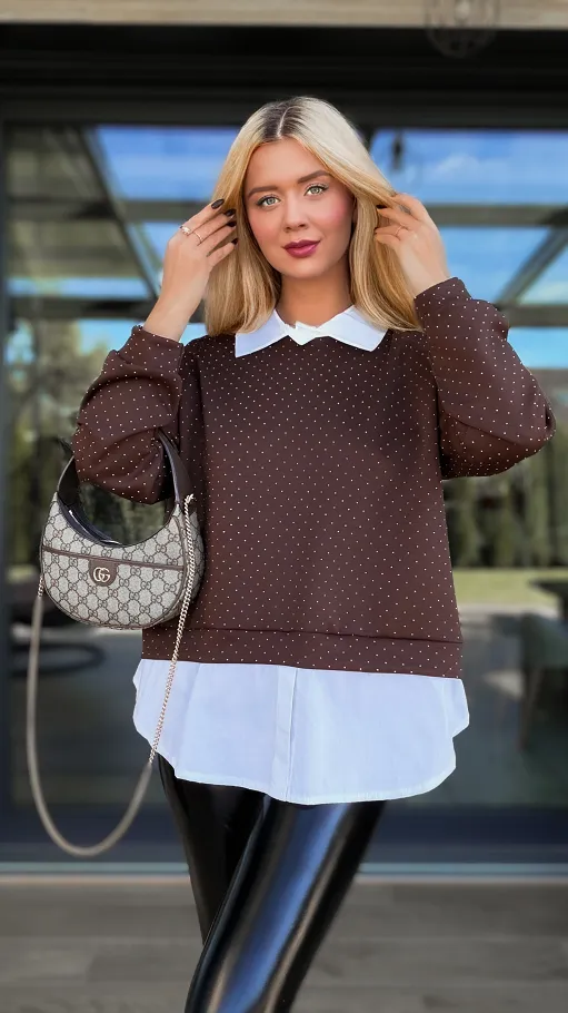 Brązowa bluza w mini cyrkonie z koszulową wstawką ONE SIZE - R105B
