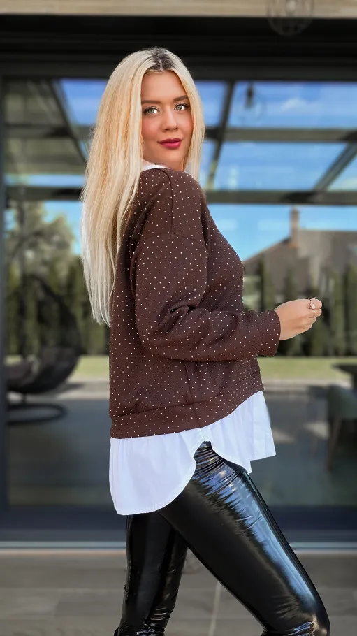 Brązowa bluza w mini cyrkonie z koszulową wstawką ONE SIZE - R105B