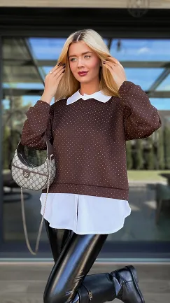 Brązowa bluza w mini cyrkonie z koszulową wstawką ONE SIZE - R105B