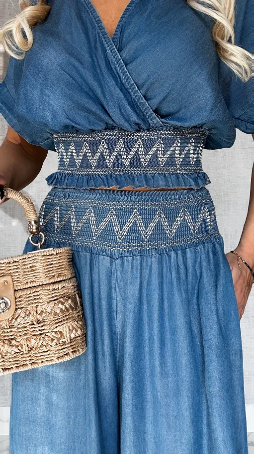 Miękki jeansowy komplet bluzka + spodnie kuloty ONE SIZE - P607