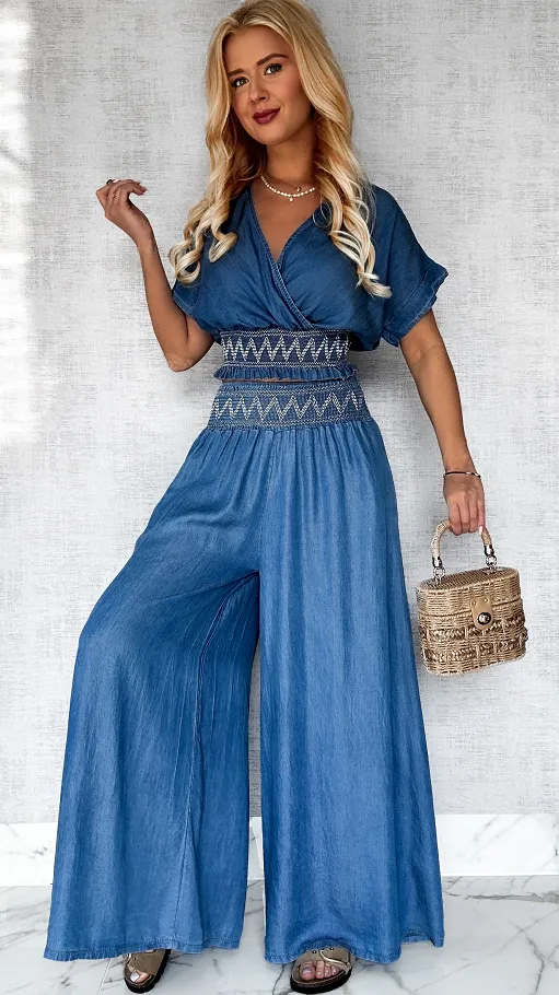 Miękki jeansowy komplet bluzka + spodnie kuloty ONE SIZE - P607