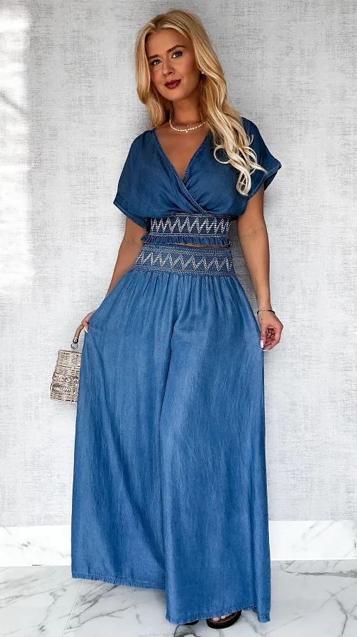 Miękki jeansowy komplet bluzka + spodnie kuloty ONE SIZE - P607