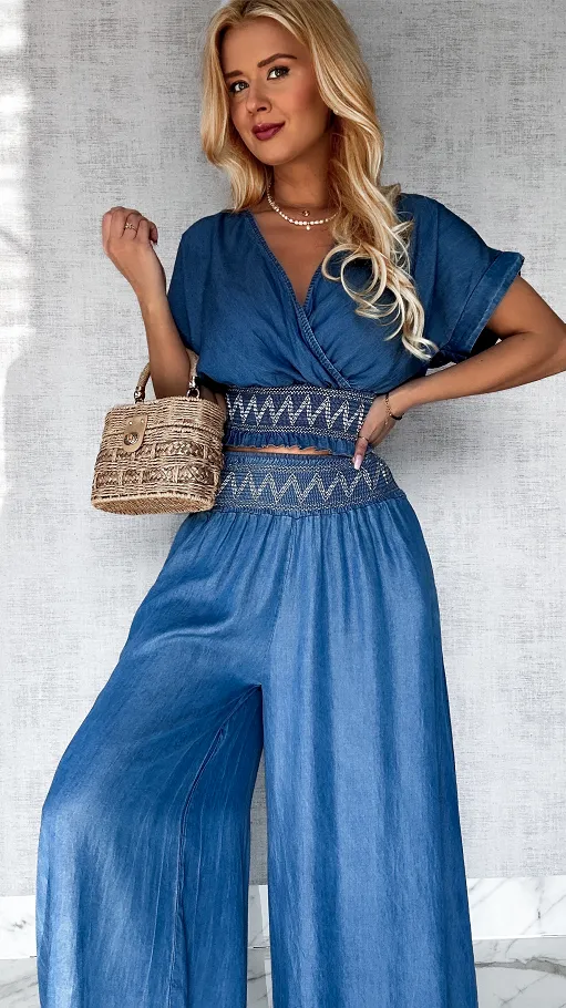 Miękki jeansowy komplet bluzka + spodnie kuloty ONE SIZE - P607