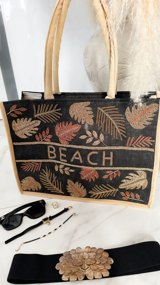Bawełniana LETNIA torba w stylu boho zdobiona koralikami CZARNA - P664
