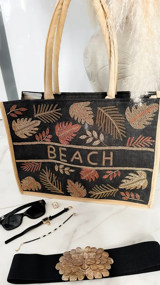 Bawełniana LETNIA torba w stylu boho zdobiona koralikami CZARNA - P664