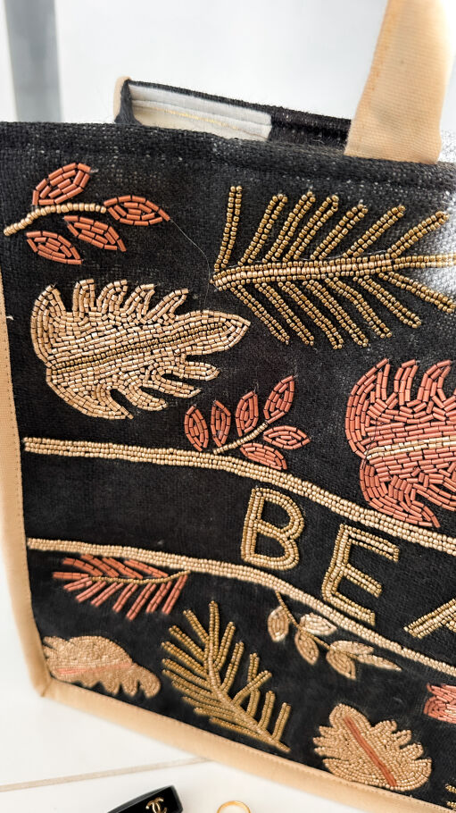 Bawełniana LETNIA torba w stylu boho zdobiona koralikami CZARNA - P664