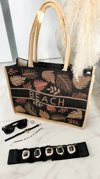 Bawełniana LETNIA torba w stylu boho zdobiona koralikami CZARNA - P664