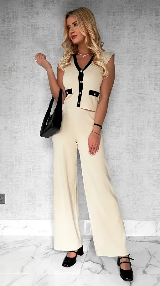 Dzianinowy komplet ECRU z wiskozy kamizelka + spodnie ONE SIZE - P308