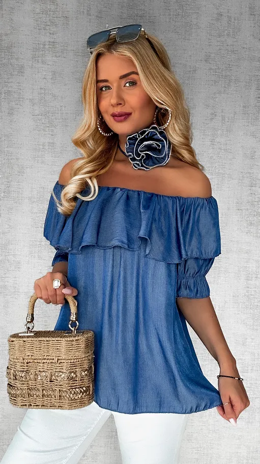 Niebieska bluzka hiszpanka z różą ONE SIZE - P608