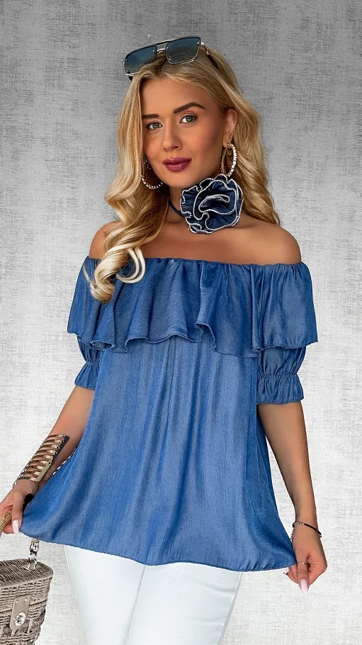 Niebieska bluzka hiszpanka z różą ONE SIZE - P608
