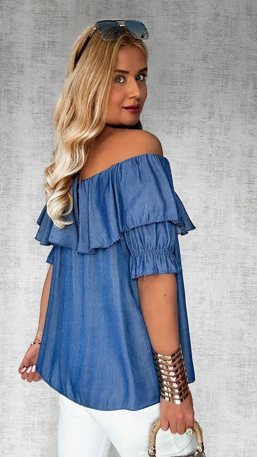 Niebieska bluzka hiszpanka z różą ONE SIZE - P608