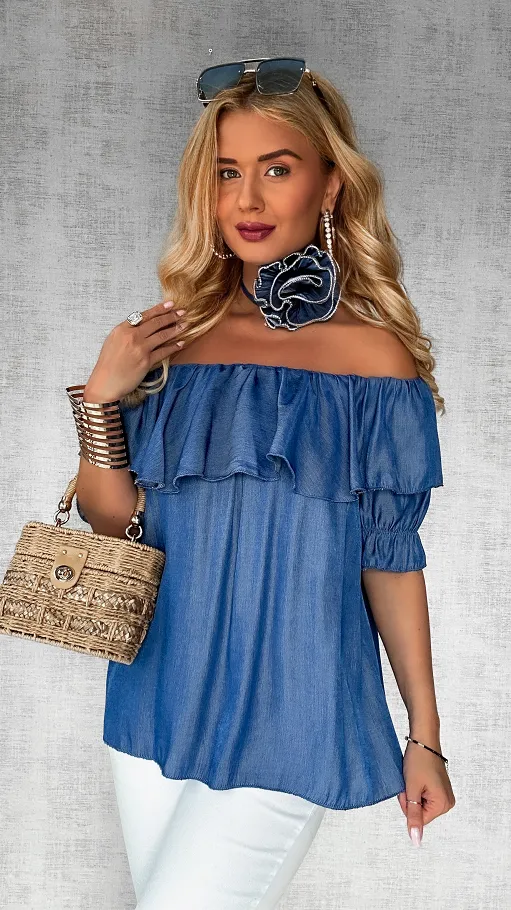 Niebieska bluzka hiszpanka z różą ONE SIZE - P608