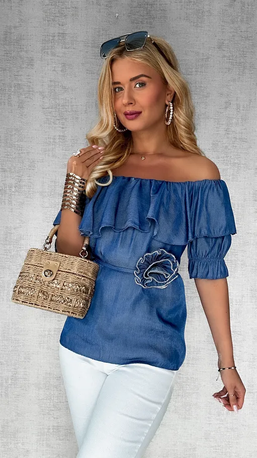 Niebieska bluzka hiszpanka z różą ONE SIZE - P608