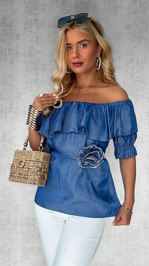 Niebieska bluzka hiszpanka z różą ONE SIZE - P608