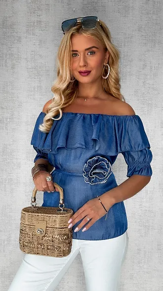 Niebieska bluzka hiszpanka z różą ONE SIZE - P608