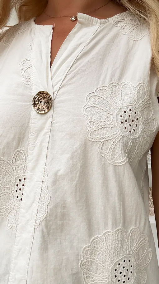 Jasno beżowa bawełniana bluzka w haftowane kwiaty ONE SIZE - P834