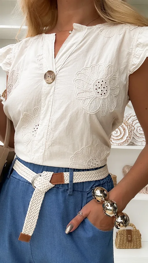 Jasno beżowa bawełniana bluzka w haftowane kwiaty ONE SIZE - P834