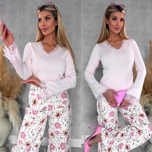 Wiosenna dzianinowy bluzka z koronką i dzwonami ONE SIZE róż - R681