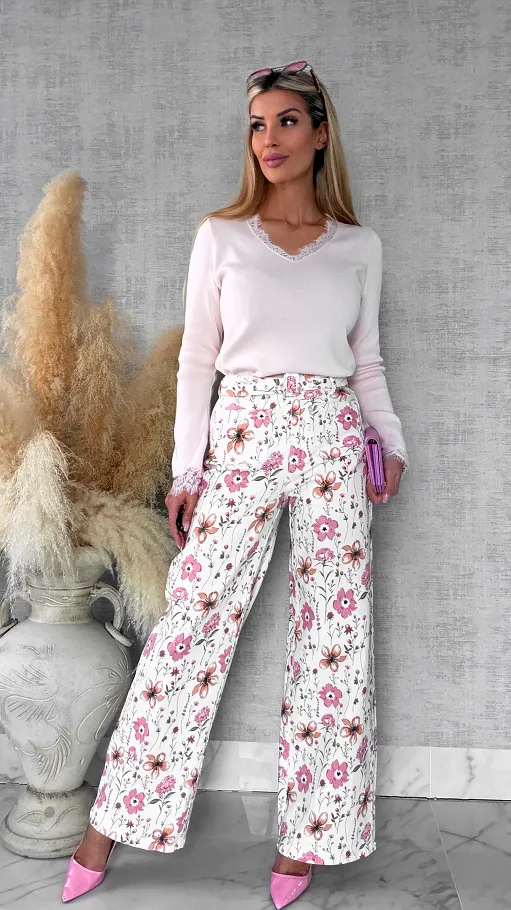 Wiosenna dzianinowy bluzka z koronką i dzwonami ONE SIZE róż - R681