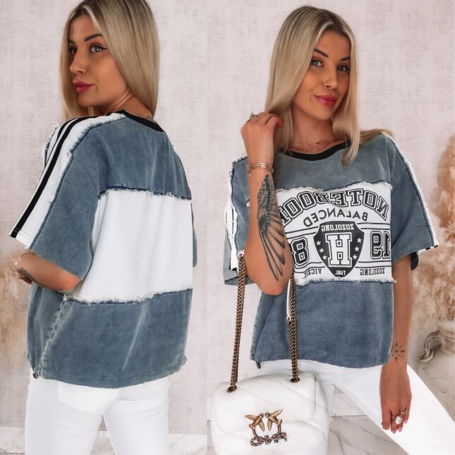 Luźna bluzka jeansowa z białymi wstawkami ONE SIZE - R876