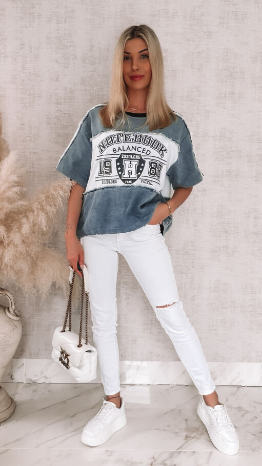 Luźna bluzka jeansowa z białymi wstawkami ONE SIZE - R876