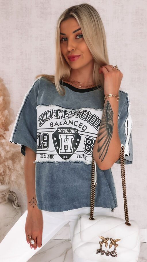 Luźna bluzka jeansowa z białymi wstawkami ONE SIZE - R876