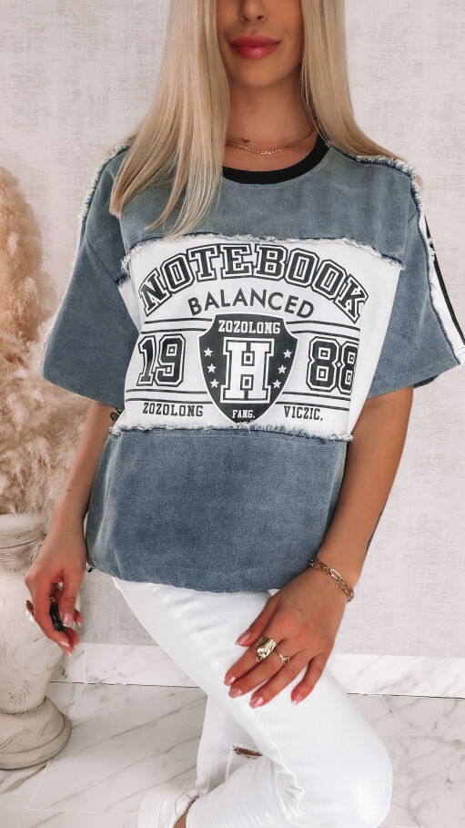 Luźna bluzka jeansowa z białymi wstawkami ONE SIZE - R876