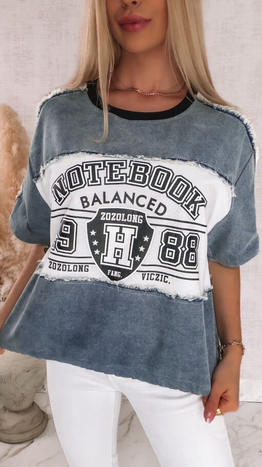 Luźna bluzka jeansowa z białymi wstawkami ONE SIZE - R876