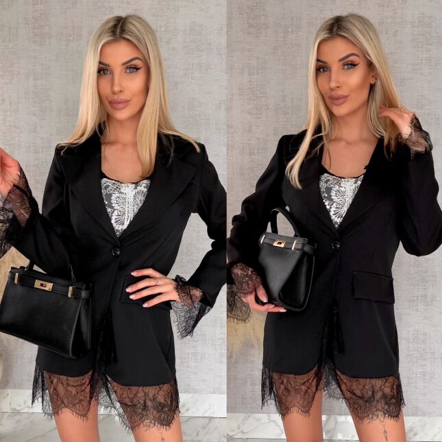 Elegancka czarna marynarka wykończona koronką ONE SIZE - R899