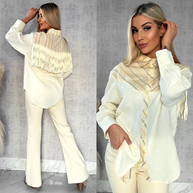 Wyjątkowa wiosenna koszula z frędzlami ONE SIZE pastelowy żółty - R427