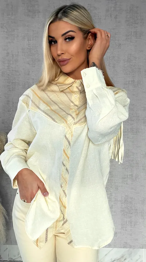 Wyjątkowa wiosenna koszula z frędzlami ONE SIZE pastelowy żółty - R427