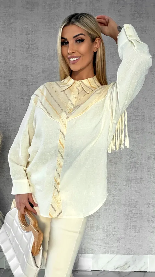 Wyjątkowa wiosenna koszula z frędzlami ONE SIZE pastelowy żółty - R427