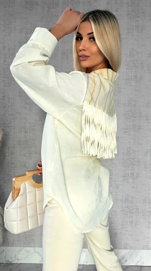 Wyjątkowa wiosenna koszula z frędzlami ONE SIZE pastelowy żółty - R427