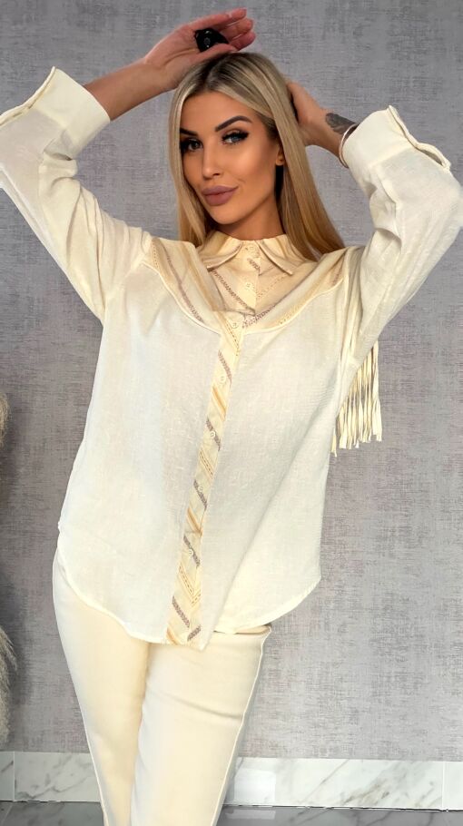 Wyjątkowa wiosenna koszula z frędzlami ONE SIZE pastelowy żółty - R427