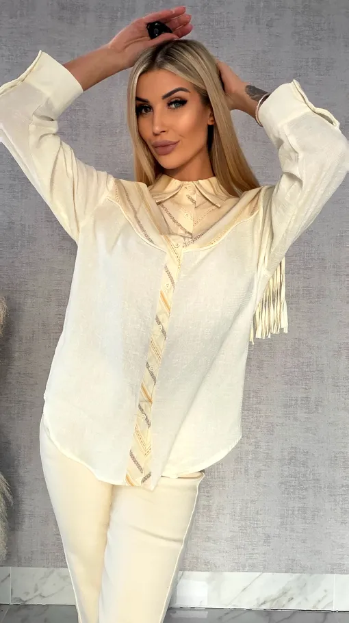 Wyjątkowa wiosenna koszula z frędzlami ONE SIZE pastelowy żółty - R427