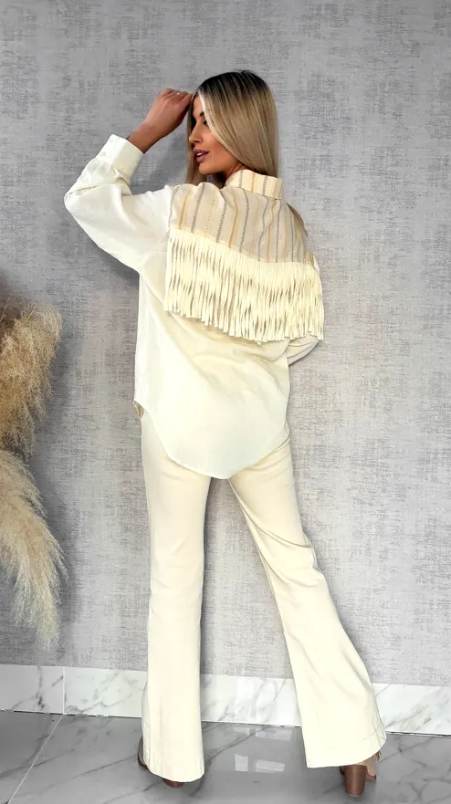 Wyjątkowa wiosenna koszula z frędzlami ONE SIZE pastelowy żółty - R427