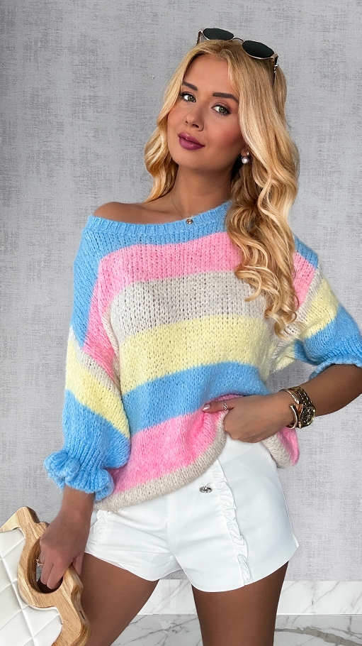 Puszysty wiosenny sweter w kolorowe pasy multi kolor BLUE - P357