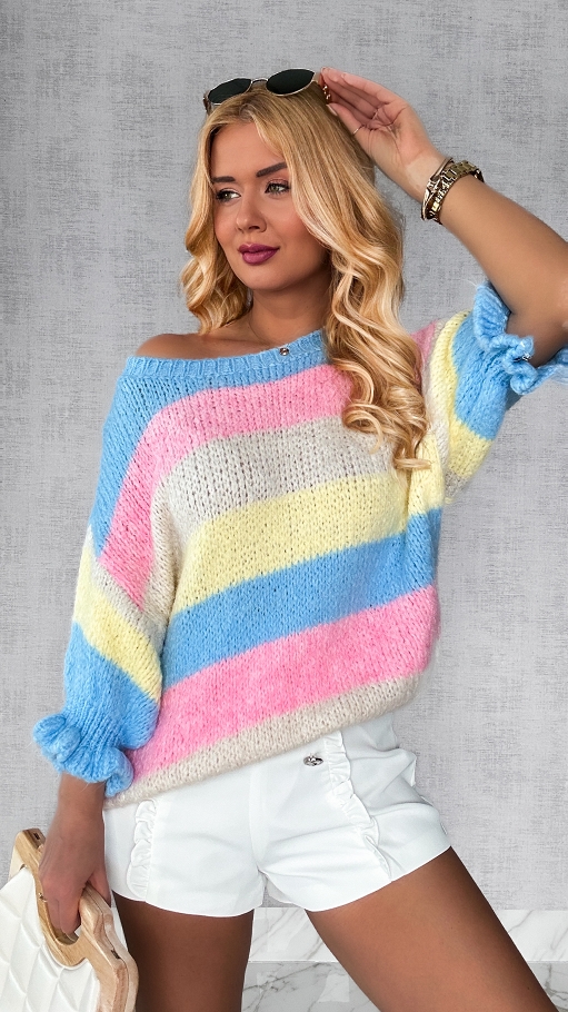 Puszysty wiosenny sweter w kolorowe pasy multi kolor BLUE - P357