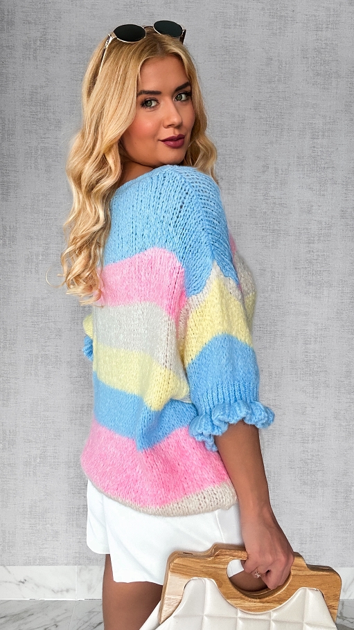 Puszysty wiosenny sweter w kolorowe pasy multi kolor BLUE - P357