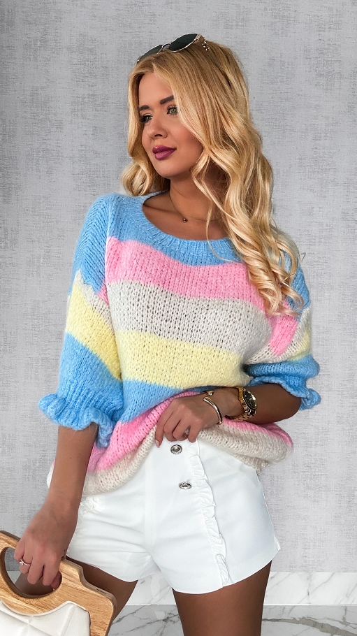 Puszysty wiosenny sweter w kolorowe pasy multi kolor BLUE - P357